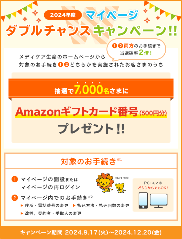 2024年度 マイページ ダブルチャンスキャンペーン！！ メディケア生命のホームページから対象のお手続き①②どちらかを実施されたお客さまのうち抽選で7,000名さまにAmazonギフトカード番号(500円分)プレゼント！！①②両方のお手続きで当選確率2倍！ 対象のお手続き※1 ①マイページの開設またはマイページの再ログイン ②マイページ内でのお手続き※2 住所・電話番号の変更、払込方法・払込回数の変更、改姓、契約者・受取人の変更 PC・スマホどちらからでもOK！ キャンペーン期間 2024年9月17日(火)～2024年12月20日(金)