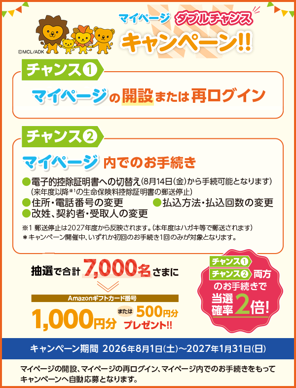マイページ ダブルチャンスキャンペーン!! チャンス①：マイページの開設または再ログイン チャンス②：マイページ内でのお手続き（電子的控除証明書への切替え、住所・電話番号の変更、払込方法・払込回数の変更、改姓・契約者・受取人の変更） 抽選で合計7,000名さまにAmazonギフトカード番号1,000円分または500円分プレゼント!! チャンス①・チャンス②両方のお手続きで当選確率2倍 キャンペーン期間 2026年8月1日(土)～2027年1月31日(日)