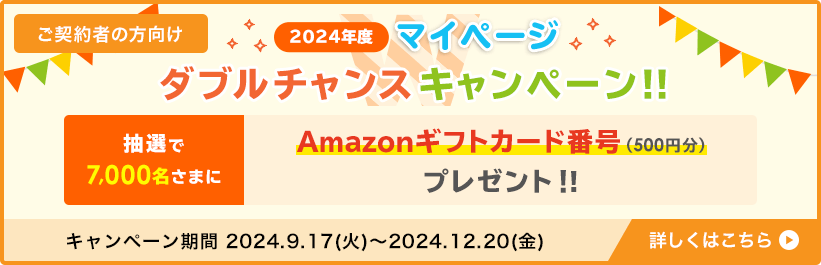 2024年度 マイページダブルチャンスキャンペーン！！ マイページの開設で、抽選で7,000名さまにAmazonギフトカード番号(500円分)プレゼント！ すでにマイページ開設済の方も、マイページ再ログインでプレゼント！(期間：2024.9.17(火)～2024.12.20(金))