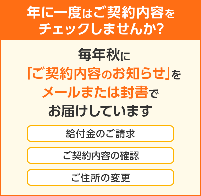 年に一度はご契約内容をチェックしませんか？ 毎年秋に「ご契約内容のお知らせ」をメールまたは封書でお届けしています (給付金のご請求、ご契約内容の確認、ご住所の変更)