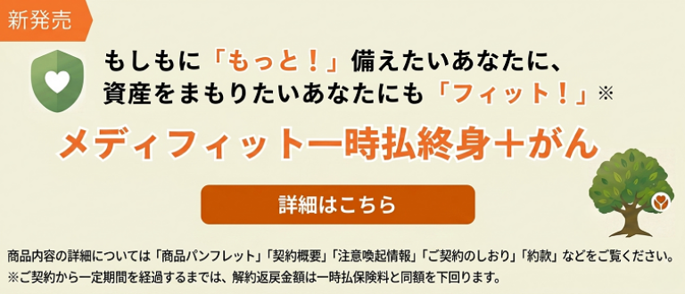 もしもに「もっと！」備えたいあなたに、資産をまもりたいあなたにも「フィット！」※ メディフィット一時払終身＋がん 商品内容の詳細については「商品パンフレット」「契約概要」「注意喚起情報」「ご契約のしおり」「約款」などをご覧ください。※ご契約から一定期間を経過するまでは、解約返戻金額は一時払保険料と同額を下回ります。 詳細はこちら